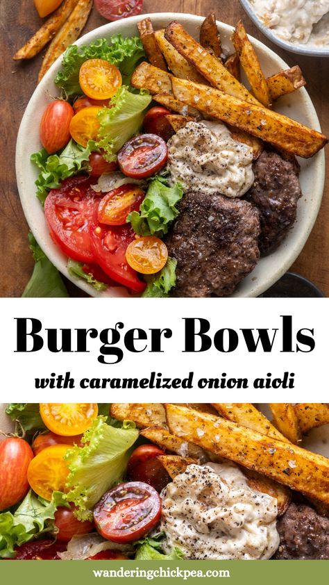 Burger Bowls Deconstructed Hamburger Bowl, Burger Bowl Meal Prep, Burger Dinner Ideas, Burger Bowls Recipe, Deconstructed Burger, Pomegranate Desserts, Panini Gourmet, Burger Alternatives, Sweet Potato Veggie Burger