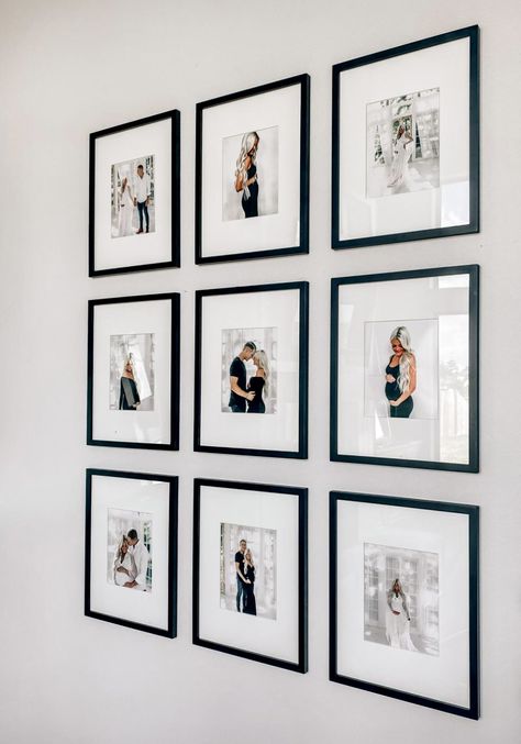 Modern Wall Photo Display, 8x8 Picture Wall, Hanging Wedding Photos On Wall, 8x8 Photo Wall, Square Photo Wall, Wedding Gallery Wall, Family Photos Wall Decor, Family Photo Gallery Wall, Picture Wall Living Room