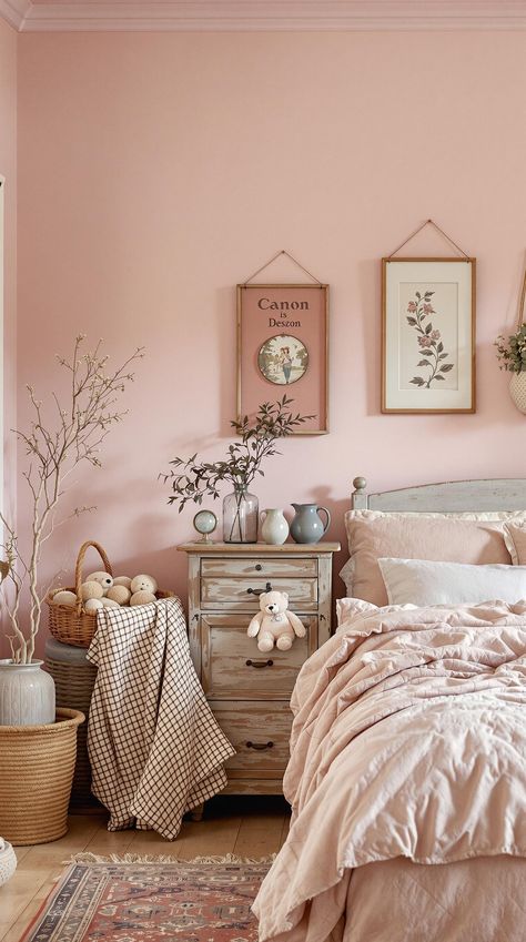 Pink Bedroom Ideas Dusty Pink Toddler Bedroom, Light Pink Wall Bedroom, Dusty Rose Girls Bedroom, Rustic Pink Bedroom, Pink Curtains Bedroom Room Ideas, Teen Pink Bedroom Ideas, Pink Cottagecore Bedroom, Light Pink Walls Bedroom, Pink Comforter Bedroom Ideas