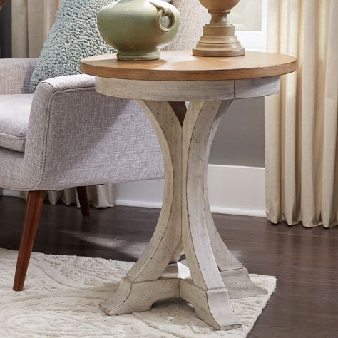 Morning coffee just got better with the Farmhouse Reimagined round chair side table to set your coffee cup on. Chairside Table, Farmhouse Chairs, Occasional Tables, Round Chair, Chair Side Table, Living Room End Tables, End Tables With Storage, Liberty Furniture, Furniture Styles