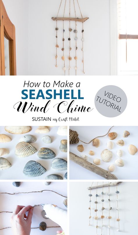 This seashell wind chime is so easy to make and can be used indoors as a coastal cottage décor idea for your bedroom wall. #coastal #coastalstyle #beachinspired #diyhome #diyhomedecor Seashell Wind Chime, Diy Nautical Decor, Carillons Diy, Seashell Wind Chimes, Sea Shells Diy, Coastal Cottage Decorating, Shell Wind Chimes, Wind Chimes Craft, Seashell Projects