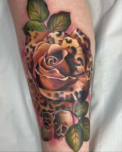 Watercolour Leopard print Rose tattoo Leg Tattoos Women Leopard, Cheetah Sleeve Tattoos For Women, Leopard Rose Tattoo, Leopard Print Rose Tattoo, Leopard Tattoo On Leg, Watercolor Leopard Print Tattoo, Leopard Print Tattoo For Women, Leopard Print Tattoo Sleeve, Full Hand Tattoos For Women