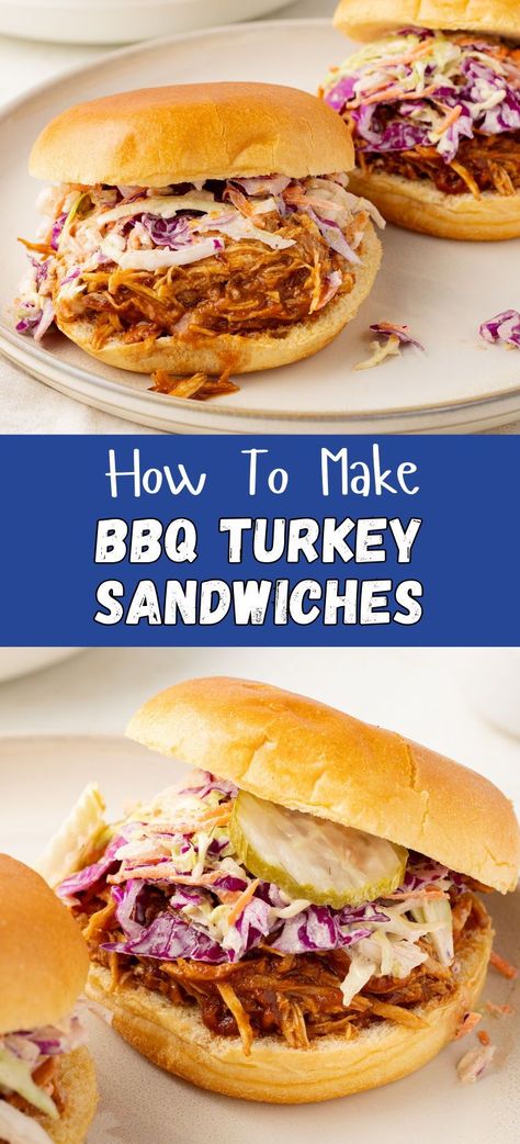 These shredded BBQ Turkey Sandwiches are the best way to use up leftover holiday turkey. The turkey is smothered with sweet and tangy bbq sauce then served over brioche sandwich buns with homemade coleslaw and dill pickles. It's easy to make and so delicious enjoyed during the summer with crispy fries or potato chips. Bbq Turkey Sandwich, Artichoke Alfredo Pasta, Sandwiches With Coleslaw, Smothered Turkey Necks, Fried Chicken Without Buttermilk, Brioche Sandwich, Cilantro Lime Chicken Thighs, Sweet And Tangy Bbq Sauce, Lime Chicken Thighs