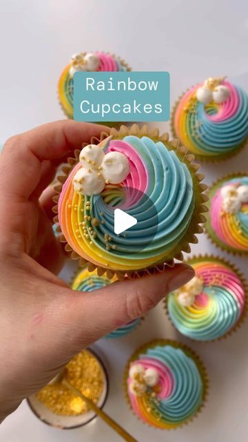 Alex LaRosa on Instagram: "Rainbow Cupcakes 🌈

✨ pipe all your colors onto a piece of saran wrap

✨ roll it up like a giant burrito

✨ twist the ends to secure the buttercream stays in and cut off one end

✨ place your burrito into your piping bag

✨ pipe away

Supplies @nycake
Sprinkles
Colors 
Piping tips 

.
.
.
.
.
#alexlarosabakery #rainbowcupcakes #colourmillmade #rainbowbuttercream" Cupcake Piping, Piping Bag, Saran Wrap, Essential Oil Companies, Rainbow Cupcakes, Piping Tips, Young Living Oils, Young Living Essential Oils, Burritos