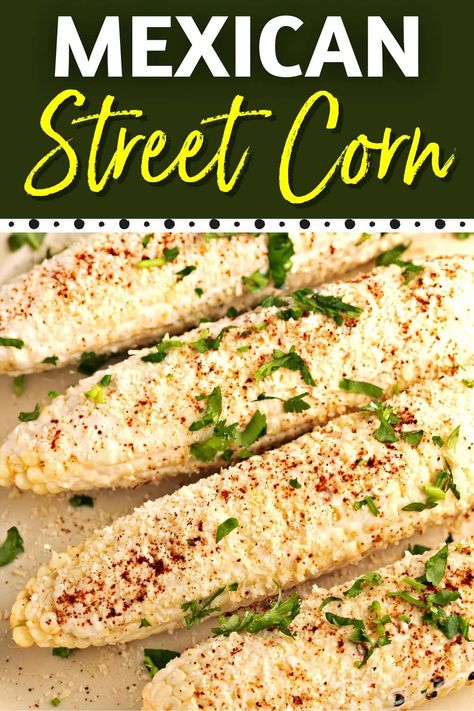 This Mexican street corn is as authentic as it gets! Covered in cilantro, lime, Cotija cheese, and chili powder, this elote recipe is top-notch! Mexican Street Food Vendor, Elote Corn Recipe, Elotes Recipe, Corn Elote Recipe, Mexican Street Corn Elote, Corn Elote, Corn Side, Elote Corn, Elote Recipe