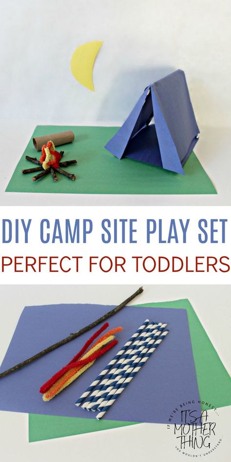 Girl Scout Camping Craft Idea - Easy DIY Campsite Playset for Toddlers. Great for imaginative play! Tent Craft Preschool, Diy Campsite, Survival Crafts, Tent Craft, Camping Crafts For Kids, Camping Activities For Kids, Camping Diy, Girl Scout Camping