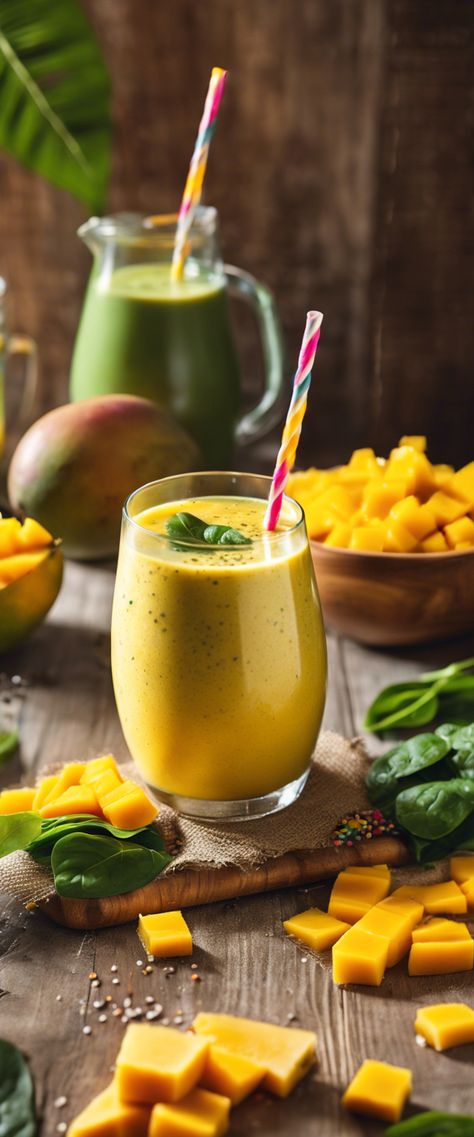 Sunny yellow smoothie with mango, spinach, and chia seeds in a glass on a rustic wooden table. Quick Breakfast Smoothies, Smoothie Diet Plan, Spinach Smoothie, Mango Smoothie, Vegan Smoothies, Natural Detox, Strawberry Banana, Breakfast Smoothie, Quick Snacks