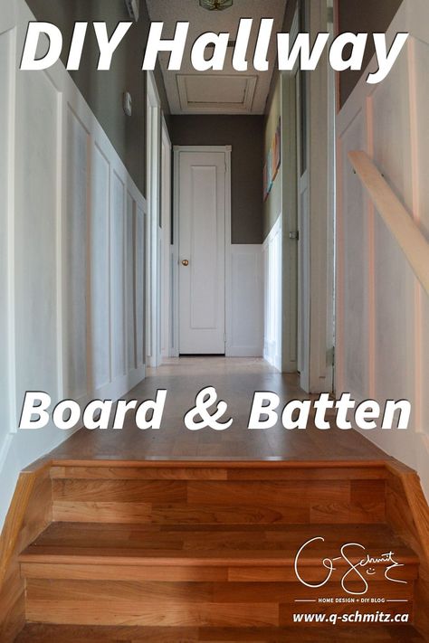 Do you have any millwork in your house? Here's an overview of how I was able to add board and batten style millwork to our hallway. Wall At End Of Hallway, Add Board And Batten, Hallway Board And Batten, End Of Hallway, Home Design Diy, House On The Rock, Board And Batten, Living Room Inspo, Design Diy