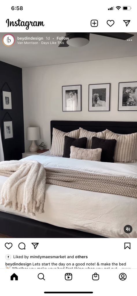 Neutral Room With Black Bed, Neutral Bedding Black Headboard, Master Bedrooms Decor With Black Furniture, Dark Beige Bedroom Ideas, Black And Oatmeal Bedroom, Black White And Taupe Bedroom, Black And Cream Master Bed, Black White Beige Aesthetic Home, Black Bed Frame Bedroom Ideas Aesthetic