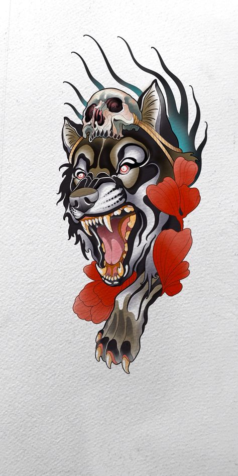 Wolf Neo Traditional Tattoo, Neo Trad Neck Tattoo, New School Wolf Tattoo, Red Wolf Tattoo, Neo Trad Wolf, Neotrad Wolf, Neotraditional Wolf Tattoo, Neo Traditional Wolf Tattoo, Neo Traditional Wolf