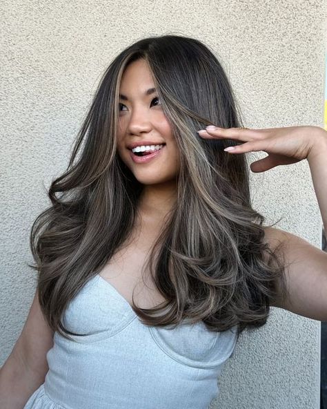 Diana Vivilecchia on Instagram: "Cool  brown - no yellow no orange Asian brunette. She’s looking like a queen. Feeling good in her hair transformation. Brought her from black to that. Using the dvcolour techniques, lots of layers and big blowout. Reserve a dvcolour hair colorist, they can recreate all the looks you see on @vividsalondv page . We got the technique pattern and formulas for our team only.  (905)990-8777 Info@ vividness.ca" Brunette Hair On Asians, Cool Brown Hair Blue Eyes, Pretty Hair Colors For Brunettes, Brown Black Hair Balayage, Winter Hair Color Dark, Asian Highlights Hair Black, Hair Colors For Asian Women, Brown Hair On Asian, Highlights For Black Hair Asian