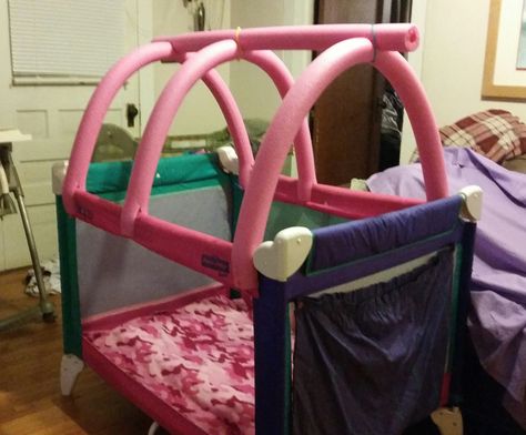 From Pack n play to toddler bed, using pool noodles and zip ties... Pack N Play Toddler Bed, Bedroom Fort, Dog Bed Ideas, Diy Toddler Bed, Pack N Play, Pack And Play, Diy Toddler, Pool Noodles, Play Tent