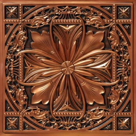 From Plain To Beautiful In Hours Milan 2 ft. x 2 ft. Glue Up PVC Ceiling Tile in Aged Copper (100 sq. ft./case)-DCT10ac-24x24-25 - The Home Depot Camp Plans, Pvc Ceiling Tiles, Tin Ceilings, Faux Tin Ceiling, Faux Tin Ceiling Tiles, Copper Backsplash, Copper Ceiling, Copper Tiles, Decorative Ceiling Tile