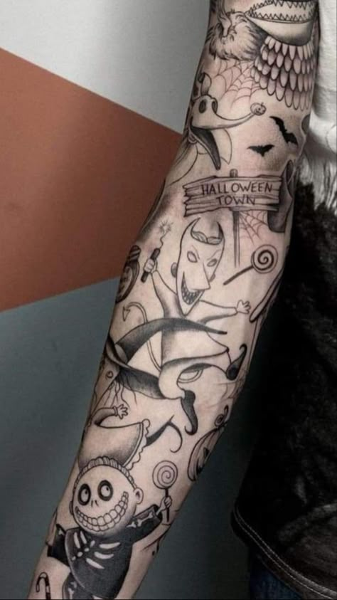 Nightmare Before Christmas Tattoo Leg Sleeve, Tim Burton Hand Tattoo, Other Mother Coraline Tattoo, Tim Burton Patchwork Tattoo, Shock Lock And Barrel Tattoo, Tim Burton Sleeve Tattoo, Nightmare Before Christmas Tattoo Sleeve, Lock Shock And Barrel Tattoo, Nightmare Before Christmas Sleeve