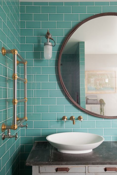 2LG Studio St. Albans, England Edwardian Cottage Home Tour. Brick tile pattern in turquoise Turquoise Tile Bathroom, Turquoise Bathroom Ideas, Turquoise Bathroom Tiles, Bathroom Turquoise, Tiffany Blue Bathrooms, Turquoise Tiles, Teal Room, Aesthetic Bathroom Decor, Turquoise Bathroom