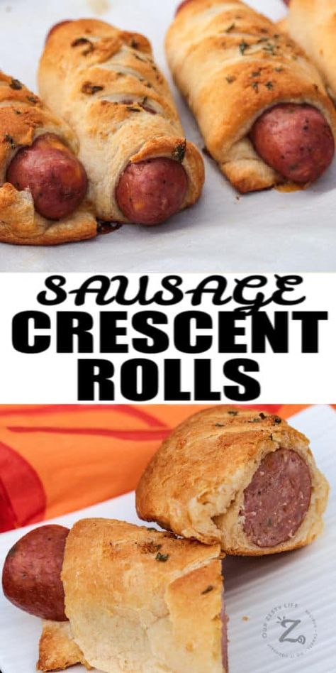 Sausage Crescent Rolls are a great appetizer to serve for game day or a backyard party! Everyone will gobble up these cheesy, easy roll ups! #ourzestylife #sausagecrescentrolls #recipe #appetizer #best #easy #cheesy #homemade #crescentrolls #pigsinablanket Sausage Crescent Roll Ups, Crescent Roll Party Food, Crescent Sausage Rolls, Sausage Roll Ups, Crescent Roll Recipes Sausage, Sausage In Crescent Rolls, Sausage Stuffed Crescent Rolls, Stuffed Crescent Roll Recipes, Sausage Croissant Rolls