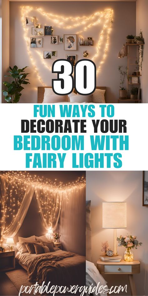 Fairy light decor ideas bedroom Fairy Lights Bathroom Ideas, Fairy Light Wall Ideas, Bookcase With Fairy Lights, Hanging Ceiling Decor Bedroom, Ivy And Fairy Lights Bedroom, String Light Bedroom Ideas, Decorating With Lights Indoors, Lights In Bedroom Aesthetic, Fairy Lights Behind Bed