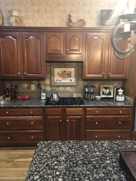 Traditional Kitchen Remodel- Bye Bye Cherry Cabinets - Bella Tucker Refinish Cherry Cabinets, Update 2000s Kitchen, Updated Traditional Kitchen, Mahogany Kitchen Cabinets, Cherry Wood Kitchen Cabinets, Mahogany Kitchen, Kitchen Cabinets Before And After, Cherry Wood Kitchens, Old School Traditional