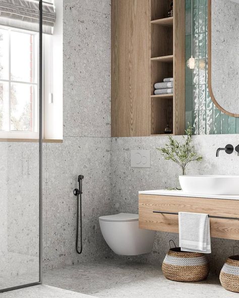 Modern Mediterranean Bathroom Tile, Terrazzo Toilet Design, Terazzo Bathroom Interior Design Grey, Gray And Wood Bathroom, Wooden Bathroom Interior, Guest Toilet Design, Scandi Bathroom Ideas, Terazzo Bathroom Interior Design, Wc Terrazzo