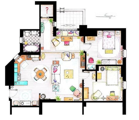 Friends : Rachel & Monica's apartment Monica Rachel, Friends Apartment, Famous Houses, Apartment Floor Plan, Joey Tribbiani, Apartment Floor Plans, Chandler Bing, Will And Grace, Rachel Green