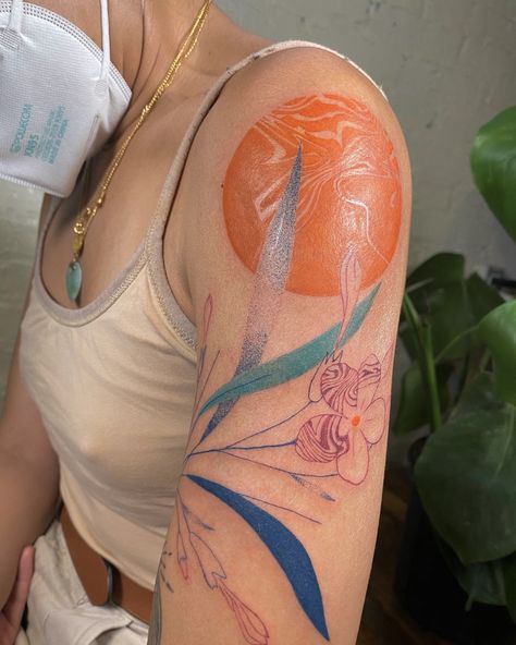 Tiaret on Twitter: "Abstract botanical blue leaves and orange inspired sun💙… " Arm Tats, Shape Tattoo, Pieces Tattoo, Blue Tattoo, Red Ink Tattoos, Traditional Tattoo Design, Detailed Tattoo, Abstract Botanical, Sun Tattoo