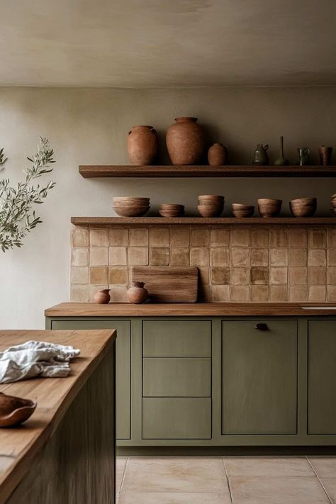 61 Earthy Kitchen Ideas for a Cozy, Organic Look Earth Green Kitchen Cabinets, Green Interior Kitchen, Clean Kitchen Aesthetic Minimalist, Lime Wash Paint Kitchen, Earthy Organic Interior Design, Wood Cabinets And Countertops, Kitchen Design Wooden Counter Tops, Arch Wall Kitchen, Kitchen Green Ideas