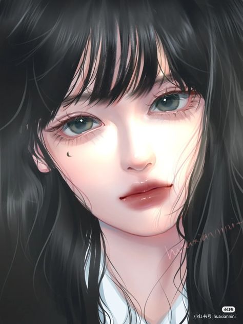 Semi Realistic, Long Black Hair, Long Black, Black Hair, Digital Art, Hair, Anime, Blue, Black