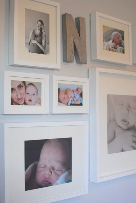 I like the idea of a gallery wall with the last initial. would put our wedding photos in Gallery Wall Nursery, Diy Bebe, Foto Baby, Baby Diy, Baby Bedroom, Decorating With Pictures, Baby Boy Rooms, Wall Gallery