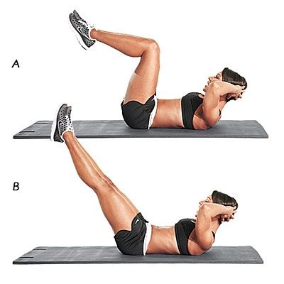 Workout of the Day:  Low-belly leg reach Targets corset and six-pack.  Lie faceup with knees bent to 90 degrees, hands behind head, and abs contracted. Keeping knees stacked over hips, lift shoulders and crunch up; inhale and hold for 3-5 seconds.   Exhale and extend legs to 45 degrees; hold for 3-5 seconds while squeezing lower belly. Do 2 sets of 10-15 reps. Bądź Fit, Fat Burning Abs, Ab Exercises, Ab Workout At Home, Body Fitness, Core Workout, Easy Workouts, Bodybuilder, Zumba