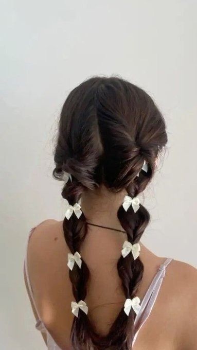 Bow Braid, Long Hairstyle, Tutorial Ideas, Bow Hairstyle, Trendy Hairstyle, Ribbon Hairstyle, Easy Hairstyle, Hairstyle Tutorial, Hair Stylies