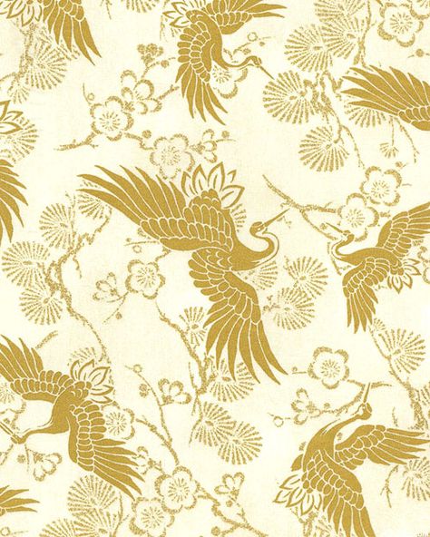 Japanese Import - Celebration - Crane Luck - Cream/Gold. Fabric from eQuilter.com Japanese Prints Pattern, Asian Fabric Pattern, Japanese Fabric Pattern, Asian Design Pattern, Crane Fabric, Chinese Pattern Design, Japanese Texture, Japanese Pattern Design, Asian Prints