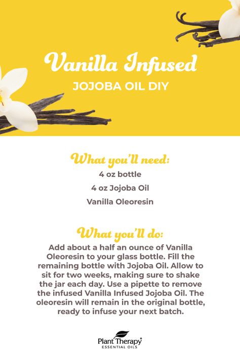 So you have your Vanilla Oleoresin and it smells amazing. But you’ve probably noticed by now that it doesn’t completely blend in carrier oils. Not to worry, there’s still a way you enjoy the incredible vanilla aroma. Infusion! All you need some Jojoba Oil and your bottle of Vanilla. In an empty 4-oz bottle, add about a half an ounce of the oleoresin and the Jojoba oil. The vanilla will settle to the bottom, so make sure to shake it every day. After about two weeks, it’ll be ready to go! Vanilla Body Oil Diy, Natural Perfume Recipes, Body Spray Recipe, Body Oil Diy, Vanilla Body Spray, Massage Oils Recipe, Diy Lotions, Essential Oils Hair, Homemade Lotions