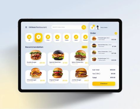 Licious Restaurant with Point of Sales on iPad Pro by Cassava99 Design on Dribbble Ipad Menu Design, Point Of Sale Design, Double Burger, Burger Specials, Restaurant App, Ux Inspiration, Website Ideas, Restaurant Menu Design, Point Of Sale