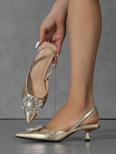 Women's Spring/summer Party Charming Metallic Rhinestone Decor Pointed Toe Kitten Heel, Stiletto Heel Sandals | SHEIN USA Golden Decoration, Style Français, Infinity Dress, Kitten Heel Pumps, 20th Birthday, Rhinestone Decor, Ankle Strap Pumps, Strap Pumps, Slingback Pump