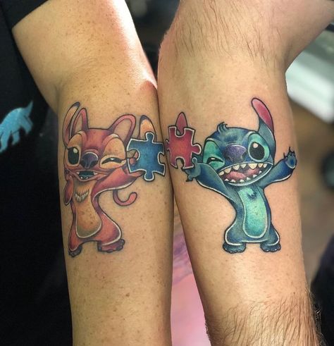 Tato Artist, Simple Tato, Disney Couple Tattoos, Tattoo Ideas For Couples, Disney Stitch Tattoo, Ant Tattoo, Couple Disney, Indian Feather Tattoos, Angel Stitch