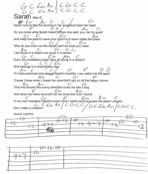 Sarah (Alex G) Guitar Chord Chart Mary By Alex G Guitar Chords, Alex G Guitar Chords, Mary Alex G Guitar Chords, Alex G Guitar, Sarah Alex G, Alex G Poster, G Guitar Chord, Electric Guitar Chords, Writing Songs Inspiration