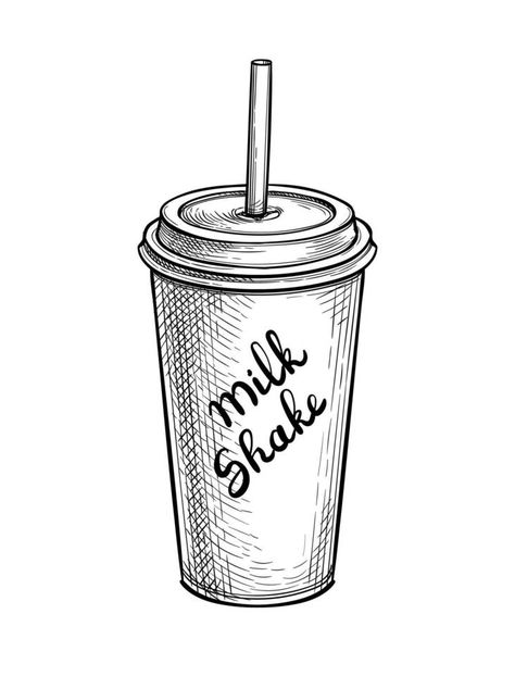 Milkshake in paper or plastic cup with lid and drinking straw. Ink sketch isolated on white background. Hand drawn text. Vector illustration. Retro style. Drink Sketch, Shake Cup, Pose Art, Ap Studio Art, Sketch Paper, Drinking Straw, Cup With Lid, Ink Sketch, Cup With Straw