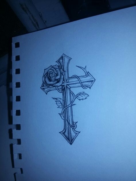 Cross and rose tattoo Cool Tattoo Sketches For Men, Cross On Side Ribs, Cross With A Rose Tattoo, Christian Rose Tattoo, Cross With Thorns Tattoos For Women, Cross Rose Tattoo Men, Male Cross Tattoos, Cross And Rose Tattoo For Women, Rose And Cross Tattoos For Men