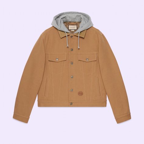 Shop the Denim jacket with contrast hood in brown at GUCCI.COM. Enjoy Free Shipping and Complimentary Gift Wrapping. Gucci Denim Jacket, Gucci Denim, Layered Hoodie, Hooded Denim Jacket, Brown Shade, Jean Top, Mens Denim, Casual Jacket, Denim Top