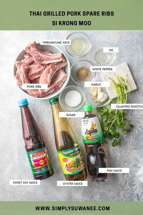 Thai Pork Ribs Recipe, Thai Pork Recipes, Bbq Pork Spare Ribs, Thit Nuong Recipe, Cambodian Recipes, Lao Recipes, Pork Loin Back Ribs, Asian Bar, Chamorro Food