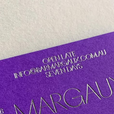 Hungry Workshop Letterpress on Instagram: "Who’s in for a cocktail at Bar Margaux on Friday night? Foil stamped and embossed stationery for @barmargauxmelbourne’s opening, designed by the endlessly inspiring @tcykdesign.⠀ Photography: @barmargauxmelbourne (venue) & @hungryworkshop (stationery) Design: @tcykdesign⠀ Production: Bill folds embossed and die cut, business cards foil stamped in silver on @colorplan_papers Colorplan Purple 270gsm, brought to us by @gfsmithpapers & @ballanddoggett" Colorplan Papers, Die Cut Business Cards, Colorplan Paper, Foil Business Cards, Purple Foil, Foil Stamping, Business Card Design, Friday Night, Birth Announcement