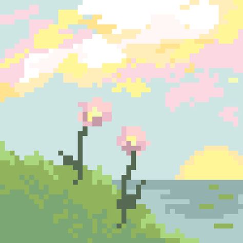 Nature Pixel Art, Cute Pixel Art Aesthetic, 32x32 Pixel Art Grid, Pixel Art Tutorial, Pixel Art Grid, Pix Art, Pink Garden, Pixel Pattern, Phone Stuff