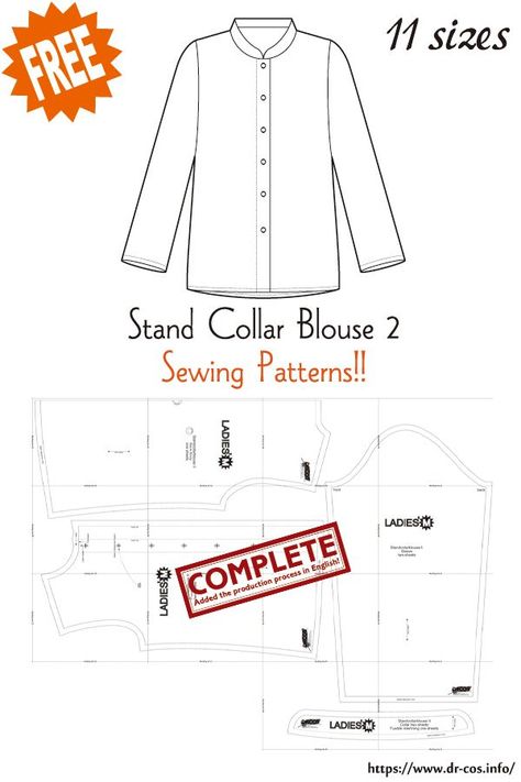 Vintage Sewing Patterns Free, Mens Shirt Pattern, Shirt Collar Pattern, Stand Collar Blouse, Sewing Measurements, Japanese Sewing Patterns, Stand Collar Shirt, Sewing Shirts, Free Sewing Patterns