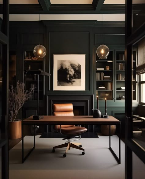 Moody Office Built Ins, Dark Green Office Paint Colors, Vaulted Ceiling Home Office, Moody Office With Fireplace, Dark Painted Office, Dark Wood Study, Old Money Study Room, Dark Cozy Office, Office Moody