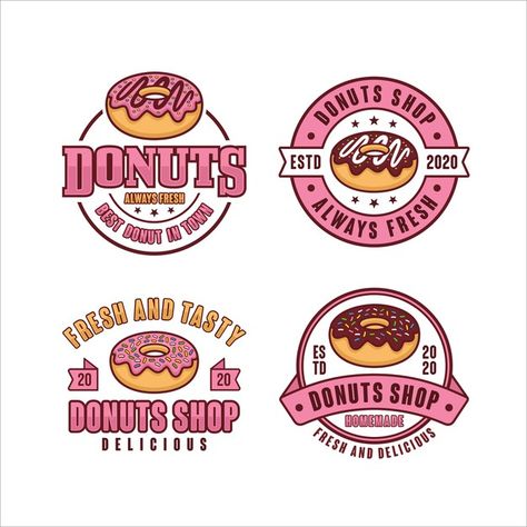 Donuts shop badge collection | Premium Vector #Freepik #vector #logo #food #menu #label Donut Shop Names Ideas, Donut Logo Design Ideas, Donuts Shop, Donuts Design, Help Logo, Donut Drawing, Donut Logo, Shop Name Ideas, Ice Cream Logo