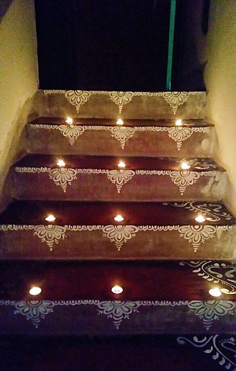 Paint the stairs Stair Alpona Design, Alpona Design For Stairs, Rangoli Designs For Stairs, Rangoli On Stairs, Stairs Rangoli Designs, Kambi Kolam, Diy Floral Decor, Saree Painting Designs, Alpona Design