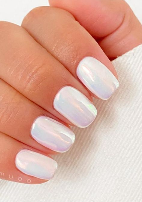 White Aradesent Nails, White Pearlescent Acrylic Nails, White Nails With Unicorn Chrome, Irredecent Nails White, Irradecent Nails White, White Irridecent Design Nails, Iridescent Dip Nails, White Irredentist Nails, White Chrome Dip Nails