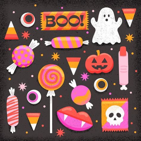 Halloween Sweets Illustration, Sweet Halloween Decorations, Halloween Candy Illustration, Halloween Design Illustration, Halloween Candy Drawing, Halloween Candy Art, Alternative Stickers, Halloween Notes, Sweet Drawing