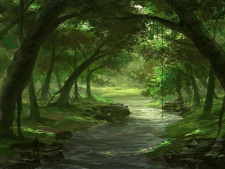 This is just beautiful... Anime Places, Forest Background, Forest Illustration, River Art, Fantasy Forest, Fantasy Places, Fantasy Art Landscapes, Magical Forest, Environment Concept Art