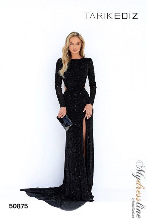 Tarik Ediz 50875 Galaxy Jersey dress. Tarik Ediz Dresses, Long Sleeve Evening Gowns, Tarik Ediz, Long Sleeve Gown, فستان سهرة, Glitter Dress, Gala Dresses, Bateau Neckline, Long Black Dress